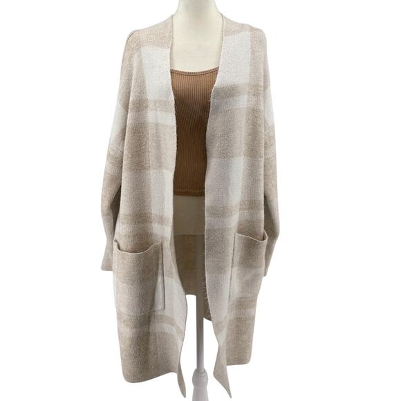 Time and Tru Double Knit Duster Cardigan Womens XXL White Tan Oatmeal Plaid Open - Picture 1 of 9